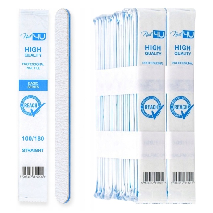 Set 50 Pile Unghii Nail4U 100/180, Forma Semiluna Barca, Profesionale, Unica Folosinta, Hartie Abraziva Coreeana, Ambalate Individual Igienic – Ideale pentru Manichiura si Pedichiura