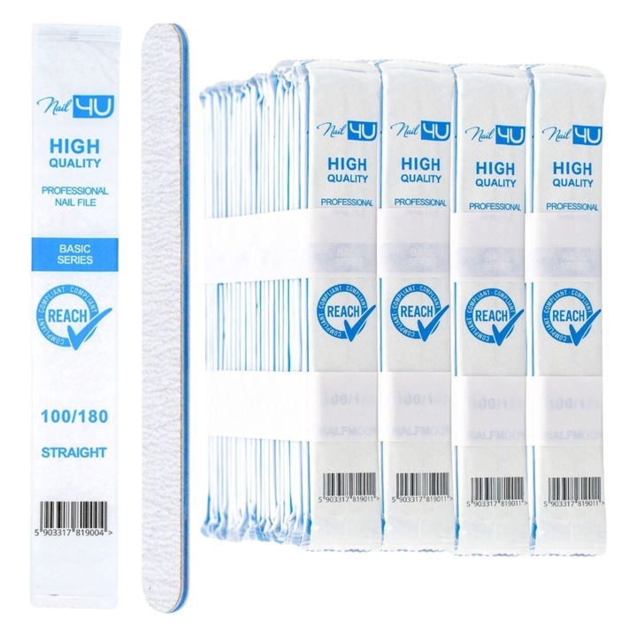 Set 100 Pile Unghii Nail4U 100/180, Forma Semiluna Barca, Profesionale, Unica Folosinta, Hartie Abraziva Coreeana, Ambalate Individual Igienic – Ideale Manichiura, Pedichiura, Saloane