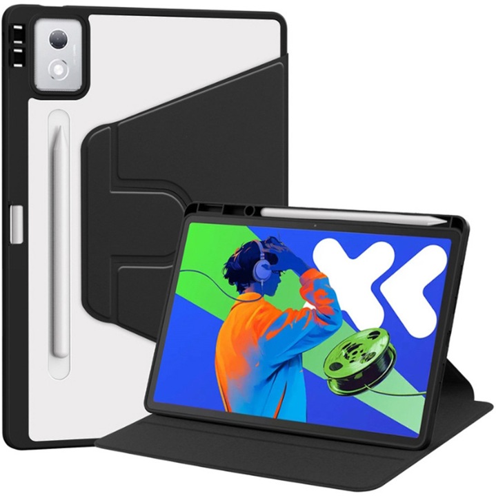 Tabletta tok, Lenovo Tab M11 11"-hez, Védő tok tablettákhoz tolltartóval, akril 360°-os forgatható kialakítás, automatikus ébresztés/alvás, átlátszó fekete