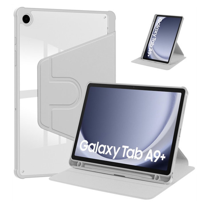 Husa tableta, pentru Samsung Galaxy Tab A9+ / A9 Plus, Casa de protectie pentru tablete cu slot pentru stilou, acrilic 360 ° design rotativ, trezire automata / somn, Gri transparent
