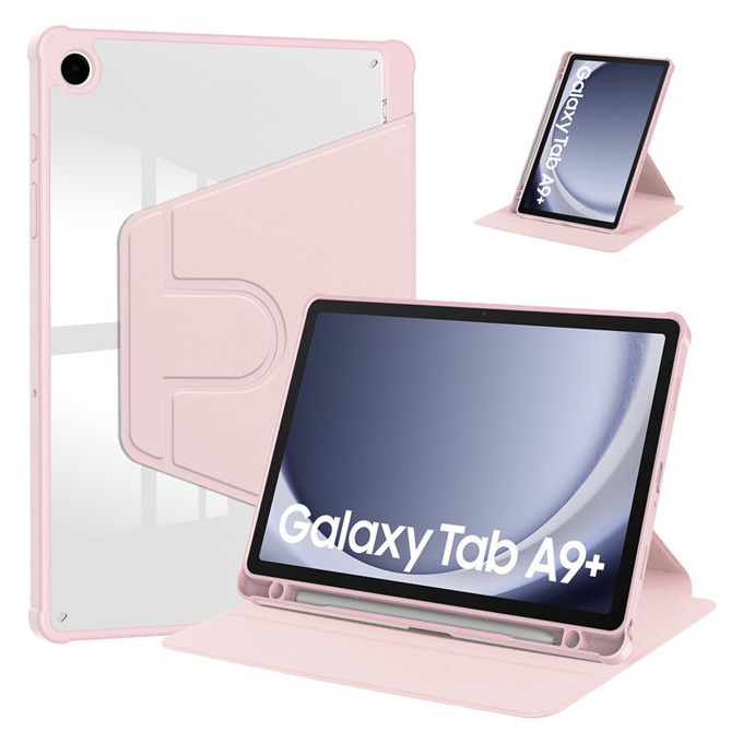 Husa tableta, pentru Samsung Galaxy Tab A9 Plus / A11 Plus 11 Inch, Casa de protectie pentru tablete cu slot pentru stilou, acrilic 360 ° design rotativ, trezire automata / somn,, Roz transparent