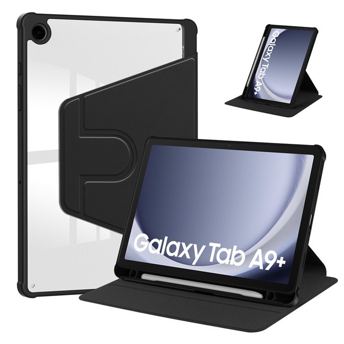 Husa tableta, pentru Samsung Galaxy Tab A9 Plus / A11 Plus 11 Inch, Casa de protectie pentru tablete cu slot pentru stilou, acrilic 360 ° design rotativ, trezire automata / somn,, Negru transparent