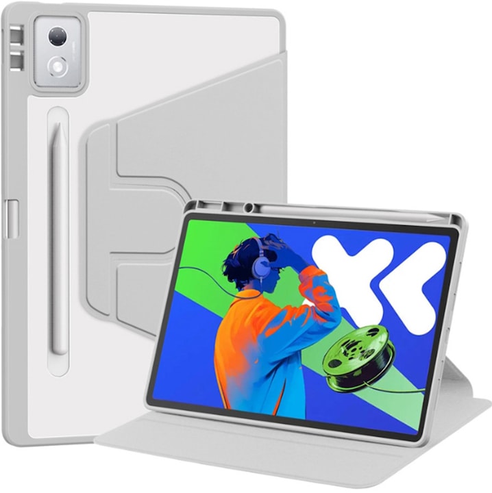 Tabletta tok, Lenovo Tab M11 11"-hez, Védő tok tablettákhoz tolltartóval, akril 360°-ban forgatható design, automatikus ébresztés/alvás, átlátszó szürke