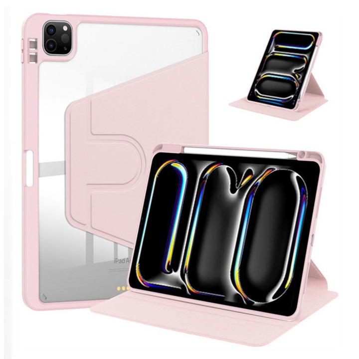 Tabletok tok, iPad Pro 11" (2024) készülékhez, védőtok táblagépekhez tolltartóval, akril 360°-ban forgatható kivitel, automatikus ébresztés/alvás, átlátszó rózsaszín