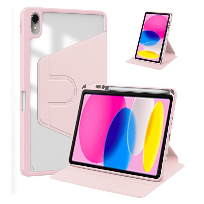 Husa tableta, pentru iPad 10 (2022) 10.9 ", Casa de protectie pentru tablete cu slot pentru stilou, acrilic 360 ° design rotativ, trezire automata / somn, Roz transparent