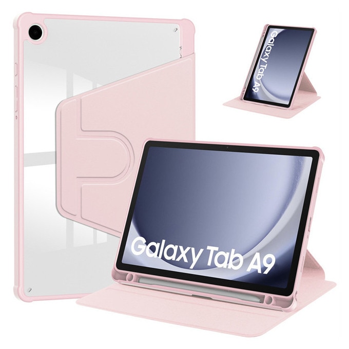 Husa tableta, pentru Samsung Galaxy Tab A9 / A11 8.7 Inch, Casa de protectie pentru tablete cu slot pentru stilou, acrilic 360 ° design rotativ, trezire automata / somn,, Roz transparent
