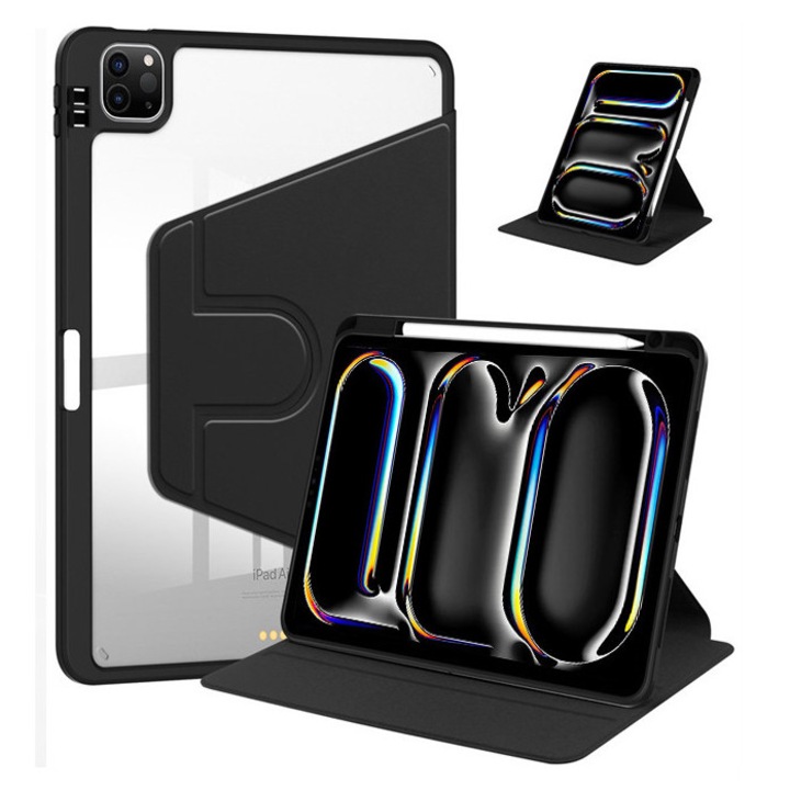 Tabletok tok, iPad Pro 11" (2024) készülékhez, Védőtok tablettákhoz tolltartóval, akril 360 ° forgatható design, automatikus ébresztés / alvás, Fekete átlátszó