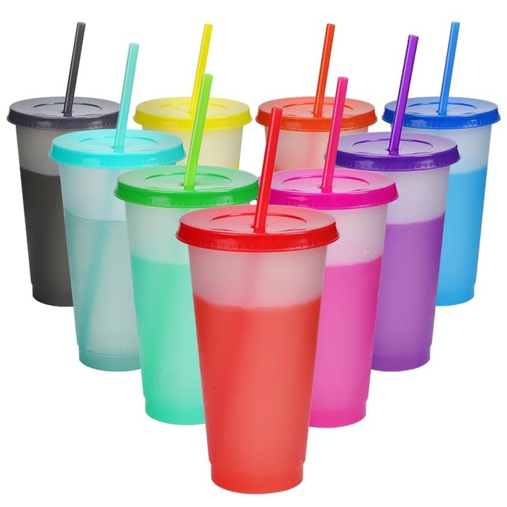 Комплект от 10 пластмасови чаши, SINBINTA, Променящи цвета си чаши с капак и сламки, Без BPA, Издръжливи, Устойчиви на течове, За многократна употреба, За ледено кафе, чай, смутита, 710 мл, 180 x 105 мл, Многоцветни