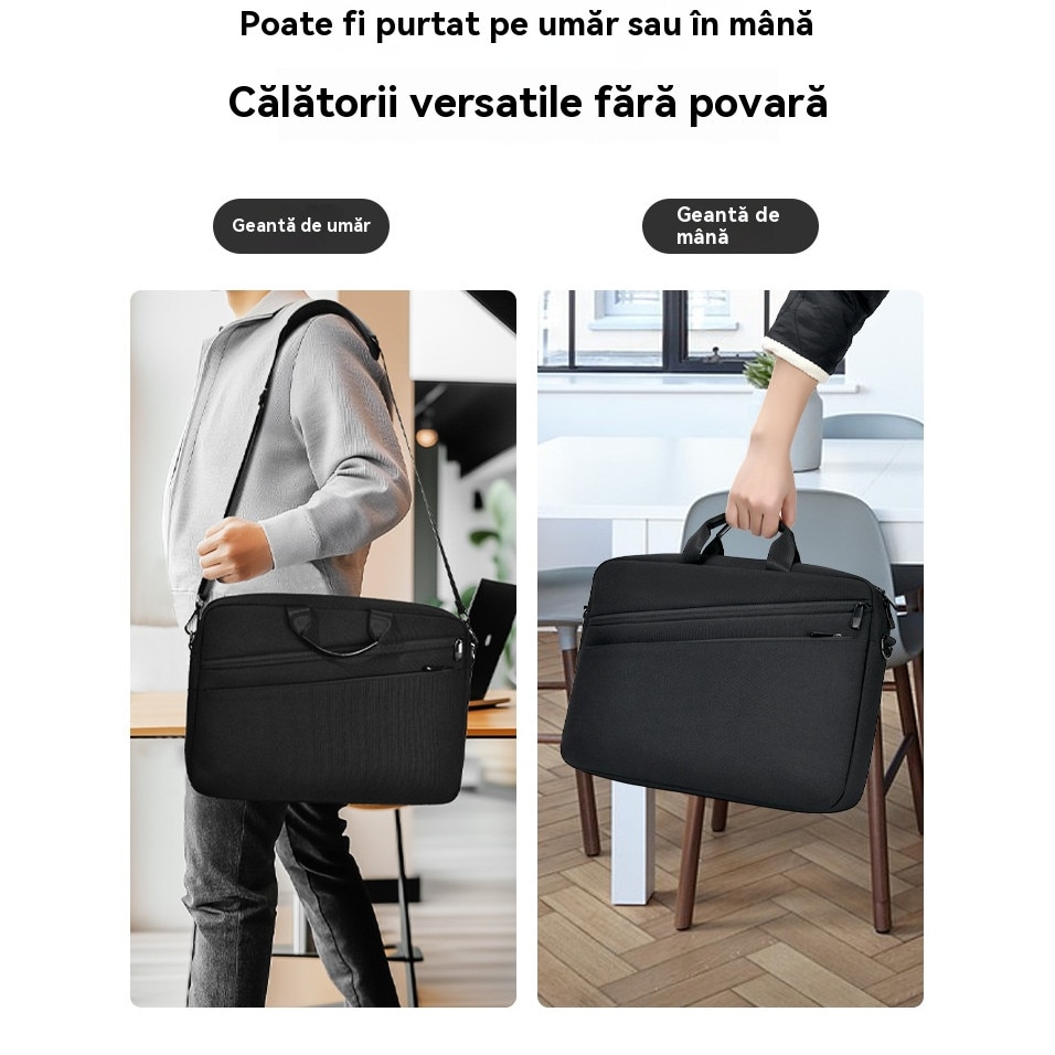 Geanta Laptop cu Compartiment Cusut cu Puf, Manere si Bucsa Externa, Curea Umar Reglabila Detasabila, 17.3 inch, Negru