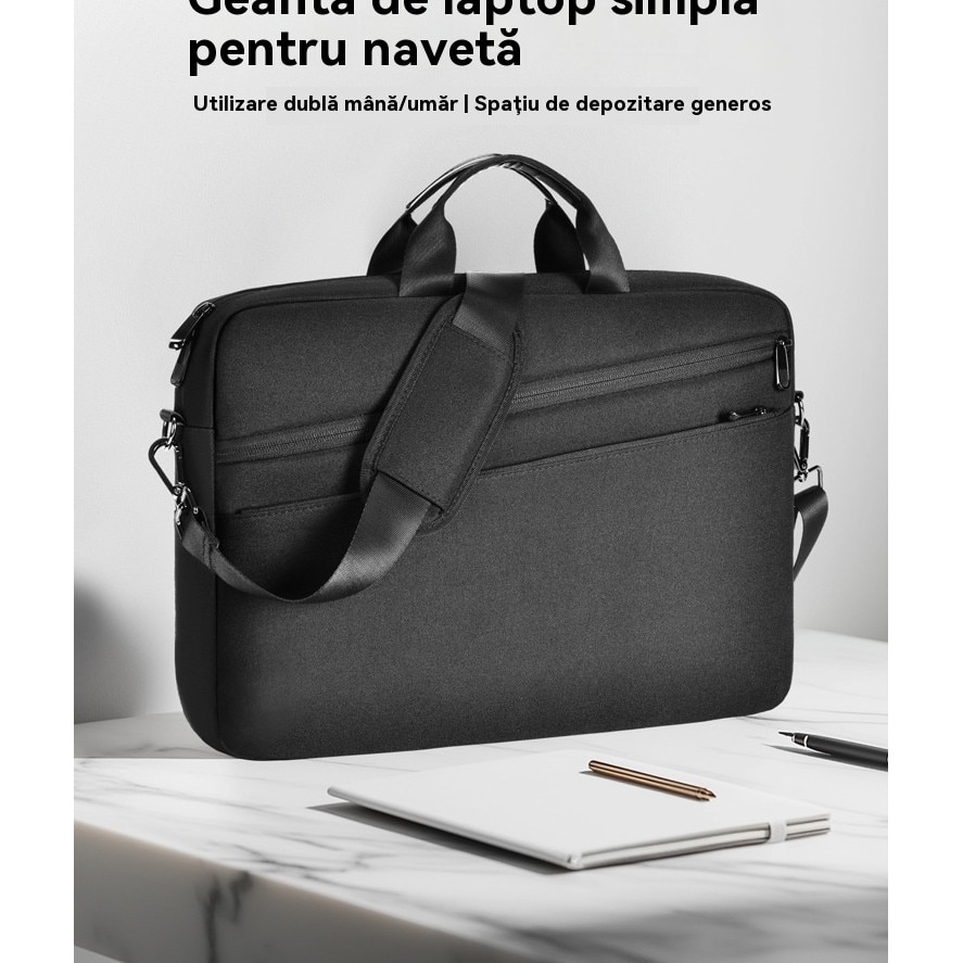 Geanta Laptop cu Compartiment Cusut cu Puf, Manere si Bucsa Externa, Curea Umar Reglabila Detasabila, 17.3 inch, Negru