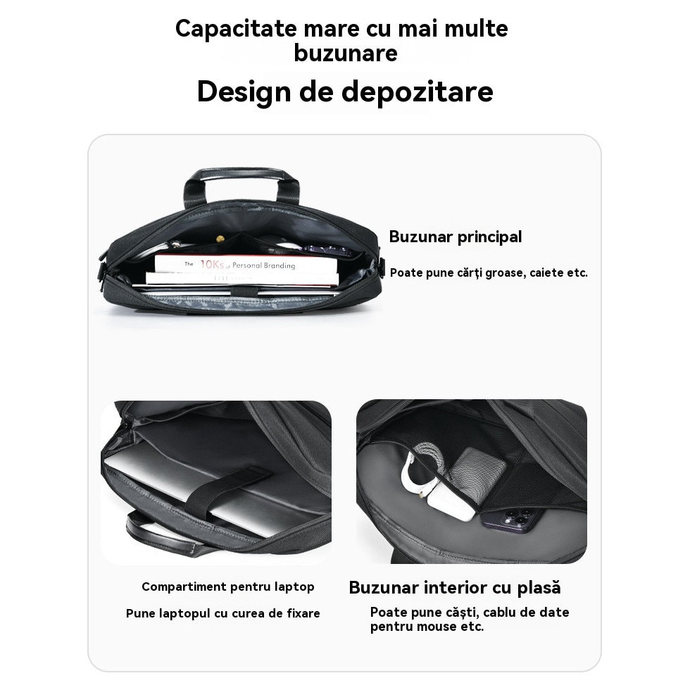 Geanta Laptop cu Compartiment Cusut cu Puf, Manere si Bucsa Externa, Curea Umar Reglabila Detasabila, 17.3 inch, Negru