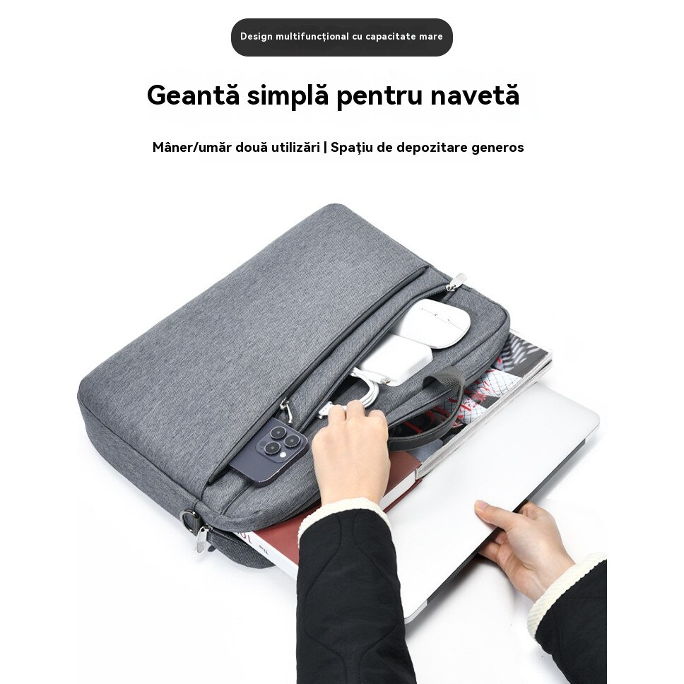 Geanta Laptop cu Compartiment Cusut cu Puf, Manere si Bucsa Externa, Curea Umar Reglabila Detasabila, 17.3 inch, Negru