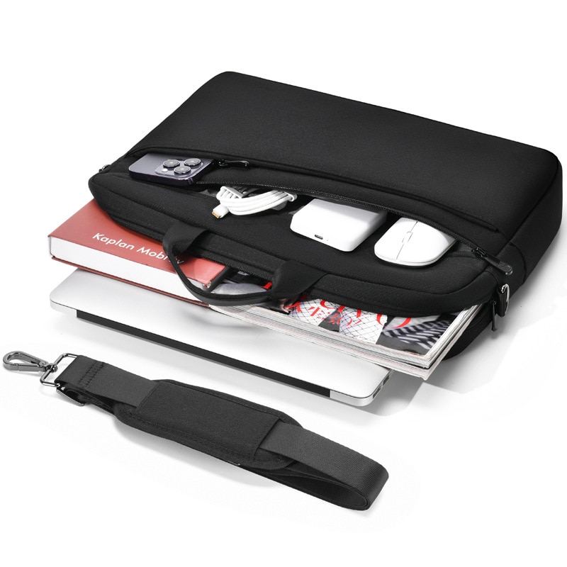 Geanta Laptop cu Compartiment Cusut cu Puf, Manere si Bucsa Externa, Curea Umar Reglabila Detasabila, 17.3 inch, Negru
