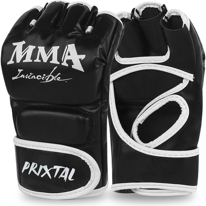 MMA fitneszkesztyű, 8-10oz, fél ujjas, PU bőr/latex bélés, kopásálló, izzadságelnyelő és lélegző, ergonomikus kialakítás, boxhoz, homokzsákhoz, muay thai-hoz, könnyen viselhető és tisztítható, fekete