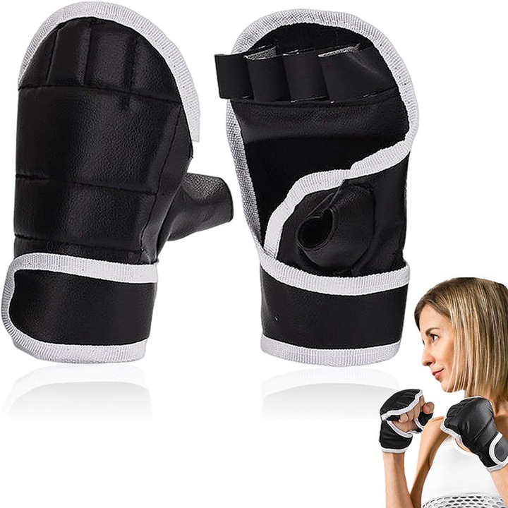 Фитнес ръкавици, PU, половин пръст, Боксови ръкавици за възрастни, Устойчиви на износване, абсорбиращи потта и дишащи, ергономичен дизайн, За бокс, чувал с пясък, муай тай, лесни за носене и почистване, Черни