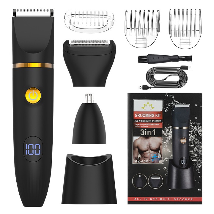 3 az 1-ben elektromos szőrtelenítő készülék, 388-as modell, USB-ről tölthető trimmer, nedves és száraz használat, fekete