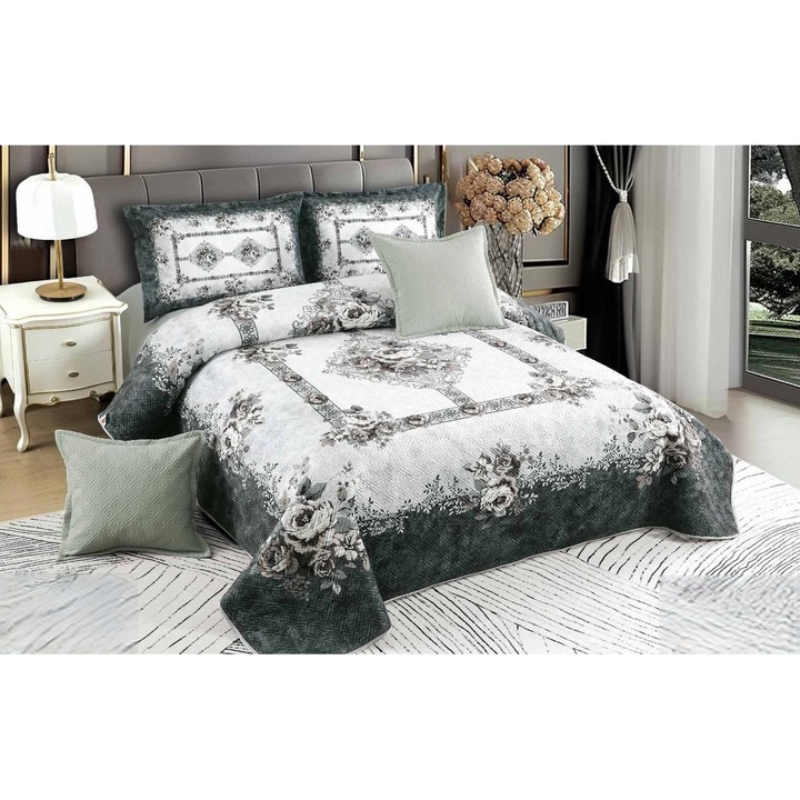 Set Cuvertura CHIRASO, Catifea, imprimeu abstract alb-gri închis, 5 piese, 230x250cm, 2 fete de pernă 55x80cm, 2 fete de pernă 55x55cm