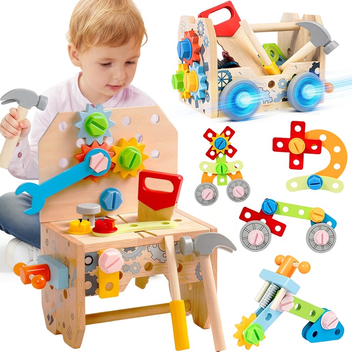 Banc de lucru portabil pentru copii, BYONDSELF®, 51 Piese, cu Chei, Ciocan, Roti, Surubelnite, Fierastrau, Rigla, Cutie de depozitare cu maner, Dezvolta creativitatea, Imaginatia, 3 Ani+