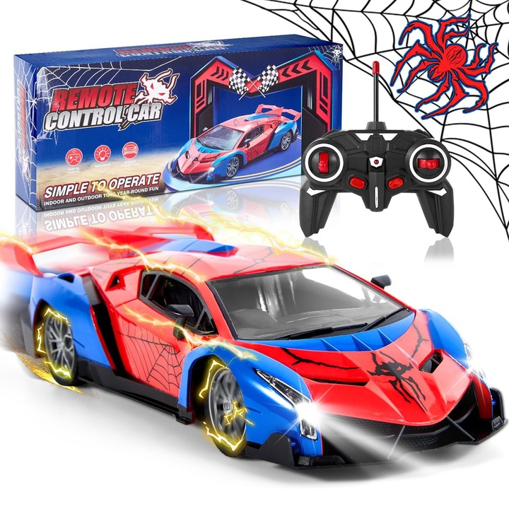 Távirányítós autó, BYONDSELF®, Drift autó, 2.4GHz, 360 fokos forgás, 4WD, Lengéscsillapított, Rádióvezérelt, Ütésálló, Pókember versenyautó, LED fények, Piros/Kék