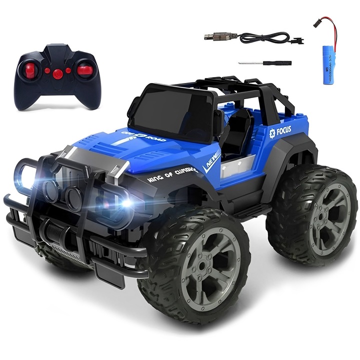 Кола на дистанционно управление, BYONDSELF®, Дрифт кола, 2.4GHz, 360-градусово въртене, 4x4 Офроуд, Амортизация, 10KM/h, Радиоуправляема, Удароустойчива, LED светлини, Синьо/Черно