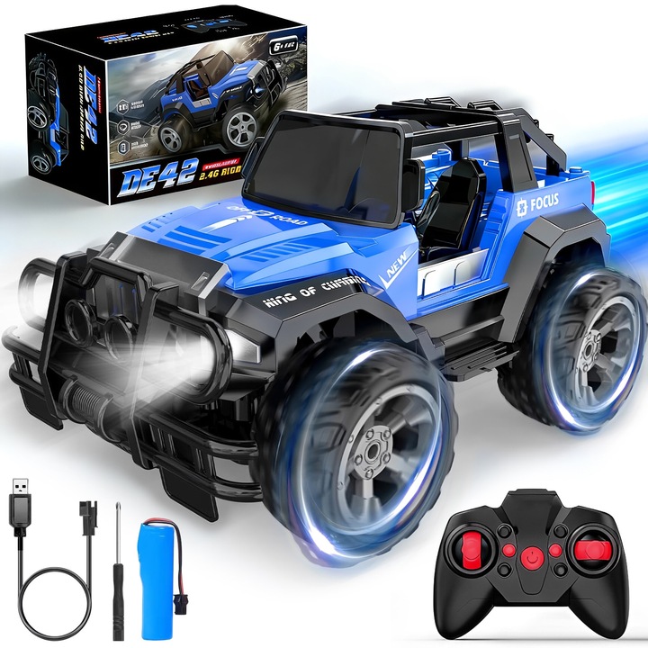 Masina cu Telecomanda, BYONDSELF®, Drift car, 2.4GHz, Rotire 360, 4WD Off-Road, Amortizare, 10KM/h, Controlate Prin Radio, Rezistent Impact, Iumini LED, Albastru/Negru