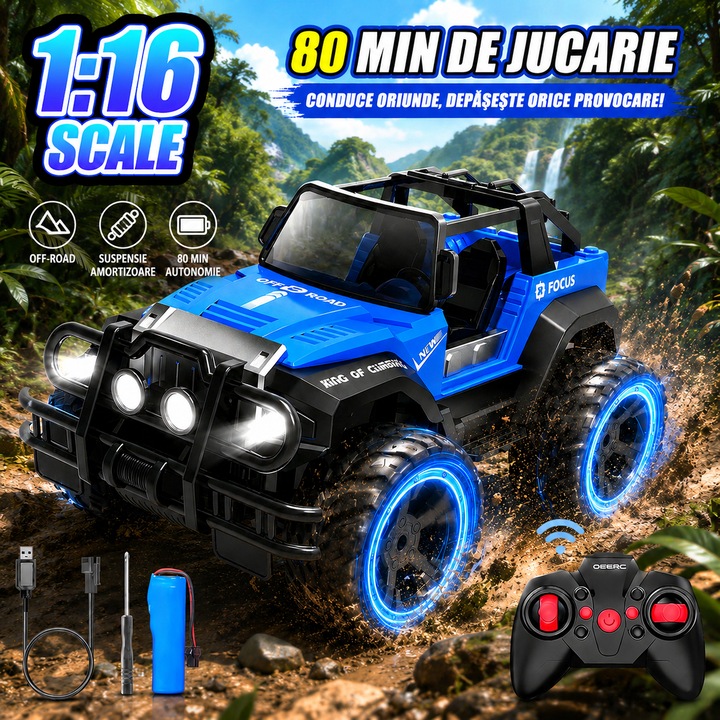 Masina cu Telecomanda, BYONDSELF®, Drift car, 2.4GHz, Rotire 360, 4WD Off-Road, Amortizare, 10KM/h, Controlate Prin Radio, Rezistent Impact, Iumini LED, Albastru/Negru