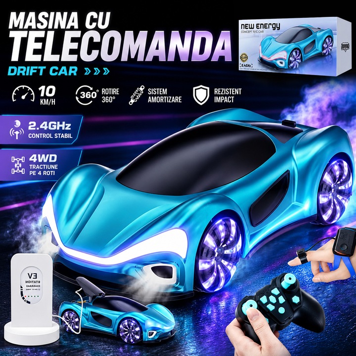 Masina cu Telecomanda, BYONDSELF®, Drift car, 2.4GHz, Controlate Prin Radio, Rotire 360, 4WD, Amortizare, 10KM/h, cu Statie de incarcare, Rezistent Impact, Iumini LED, Albastru