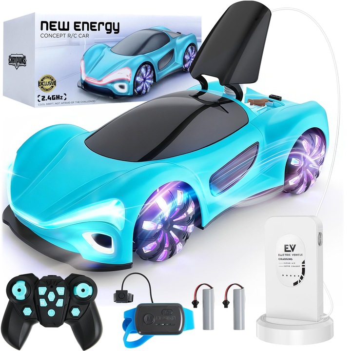 Masina cu Telecomanda, BYONDSELF®, Drift car, 2.4GHz, Controlate Prin Radio, Rotire 360, 4WD, Amortizare, 10KM/h, cu Statie de incarcare, Rezistent Impact, Iumini LED, Albastru