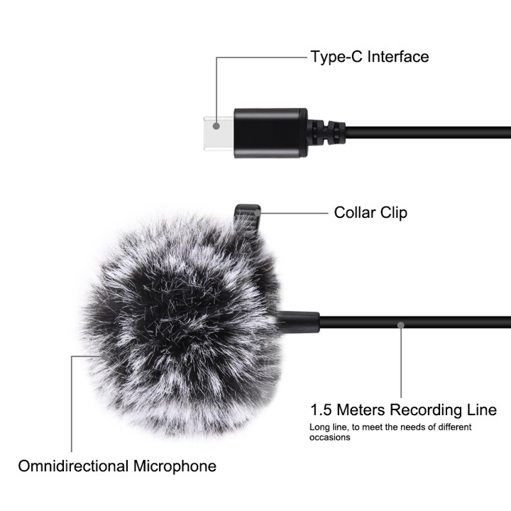 Microfon Lavalier PULUZ cu Fir 1.5m, Tip Condensator, USB-C, Anulare Zgomot, inregistrare audio, Vlogging/Interviuri/Live