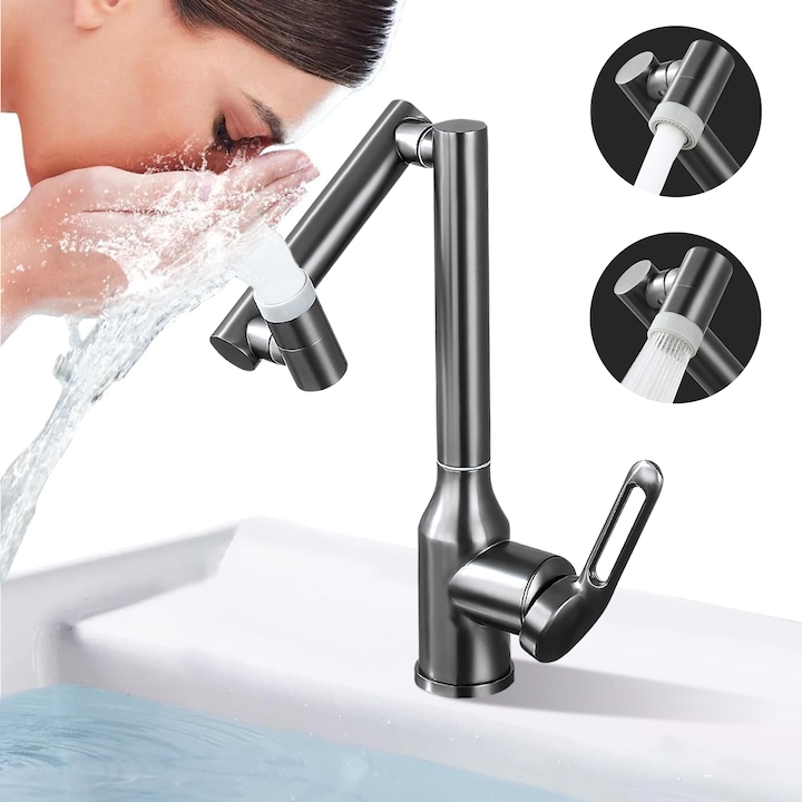 Смесител за мивка с маркуч, Ultrixe, въртене на 1080°, 2 вида струя, смесител за топла и студена вода за баня или кухня, неръждаема стомана, лесен за монтаж, сив