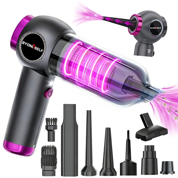 Aspirator Auto Portabil, de Mana, BYONDSELF®, 15000Pa, 100W, cu Filtru HEPA, Acumulator 6000 mAh, Functie Aspirare, 680L/min, Negru/Violet