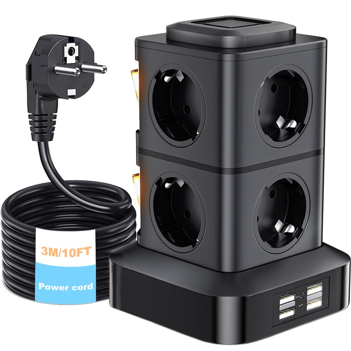 Prelungitor Tip Turn, BYONDSELF®, Cablu 3M, 2500W, 8 Prize, 4 Porturi USB A, cu 4 Capace de Protectie pentru Prize, 2 Comutatoare Independente, Negru