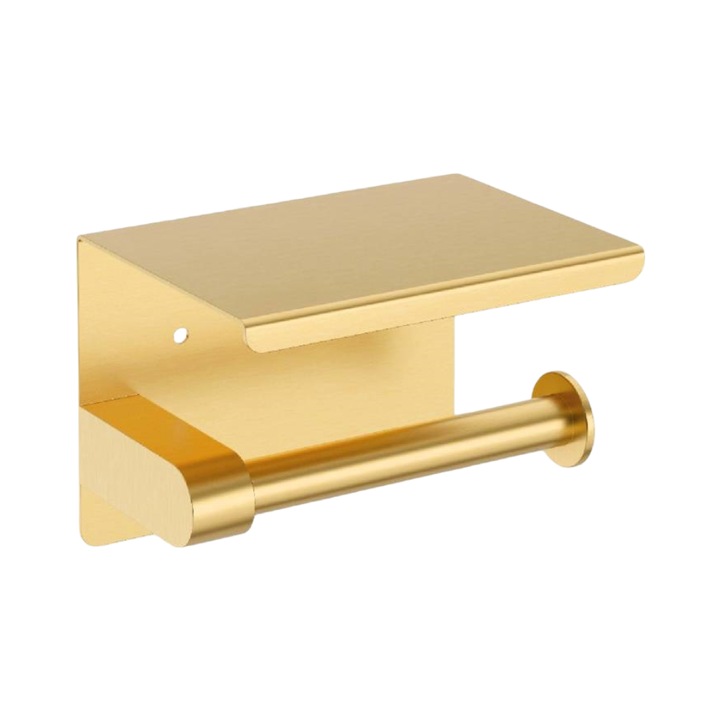 Fali WC-Papír Tartó Polccal, Nikcorp, Modern és Elegáns WC-papír Tartó, Rozsdamentes Acél, Korrózióálló, 14x10x9,5cm, Arany