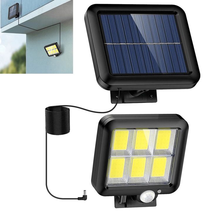 G-Merc® kültéri napelemes lámpa, 120 COB LED távirányítóval, mozgásérzékelővel, 1200mAh akkumulátorral, állítható panellel, 5m kábellel, IP65 védelemmel, 260LM, matt fekete