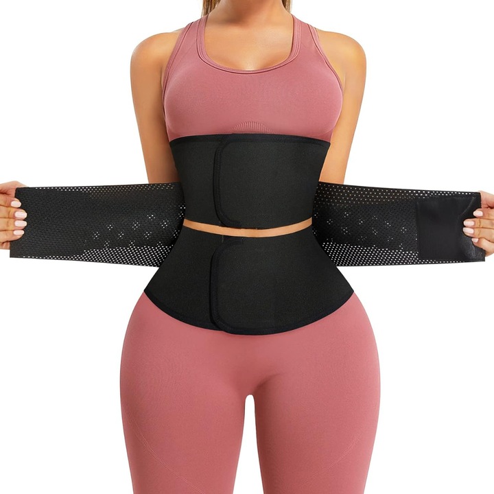 Centura de Slabit, BYONDSELF®, Tip Corset, Reglare cu Velcro in 3 Etape, Refacere Postnatala, Suport Lombar, Compresie Dubla, Talie si Abdomen, Modelare, Corector Postura, Negru, Marime M