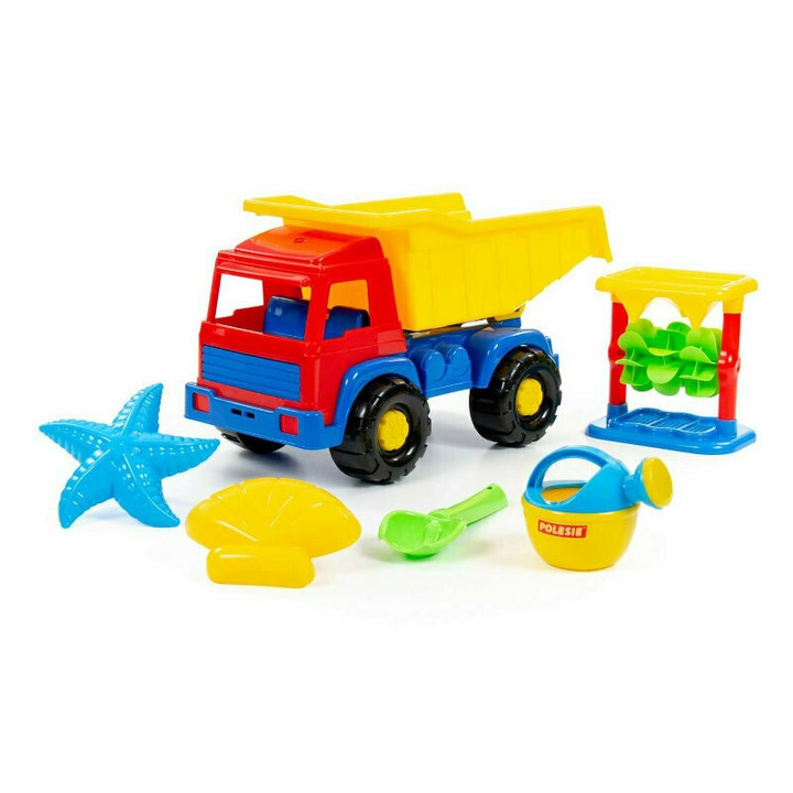 Set jucarii pentru plaja, Panther camion basculant + moara de nisip, 2 forme, 1 lopata, 1 udator, multicolor