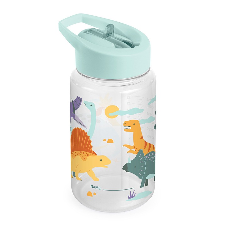 Детска бутилка Miniland Jurassic 450 мл, Tritan, с твърда сламка, лесна за почистване