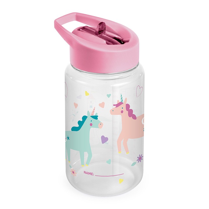 Miniland gyerek cumisüveg, unikornisok, 450ml, Tritan, szívószállal, ellenálló