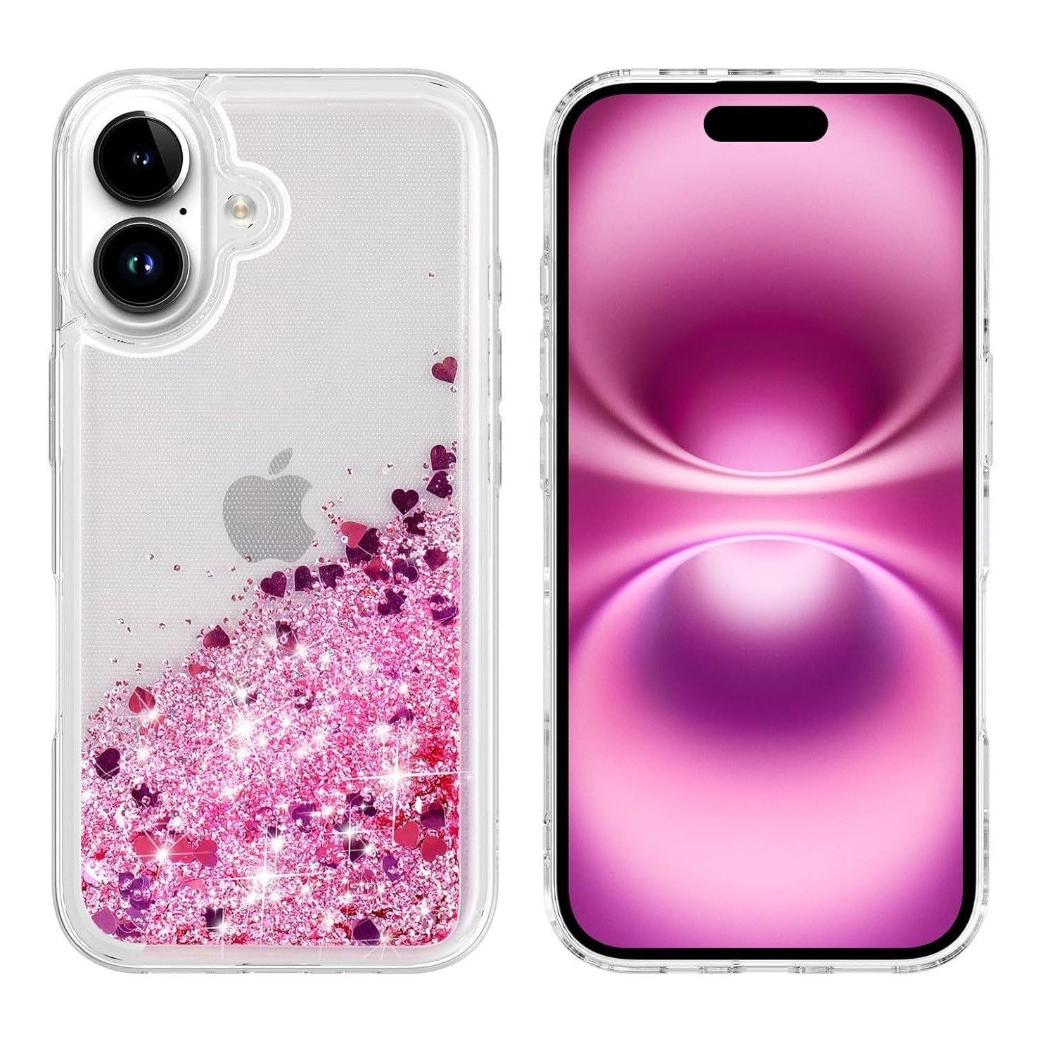 Husa compatibila cu iPhone 16, cu Apa si Sclipici, Glitter, Fashion, protectie camera, Premium Quality, Roz, ISAG