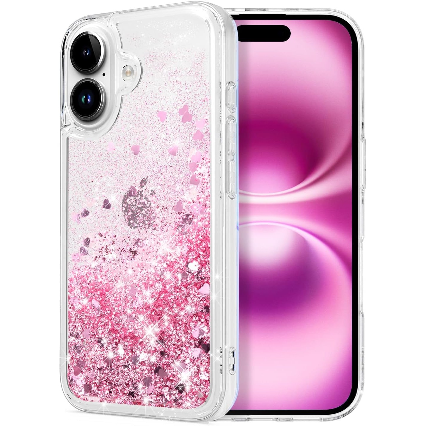 Husa compatibila cu iPhone 16, cu Apa si Sclipici, Glitter, Fashion, protectie camera, Premium Quality, Roz, ISAG