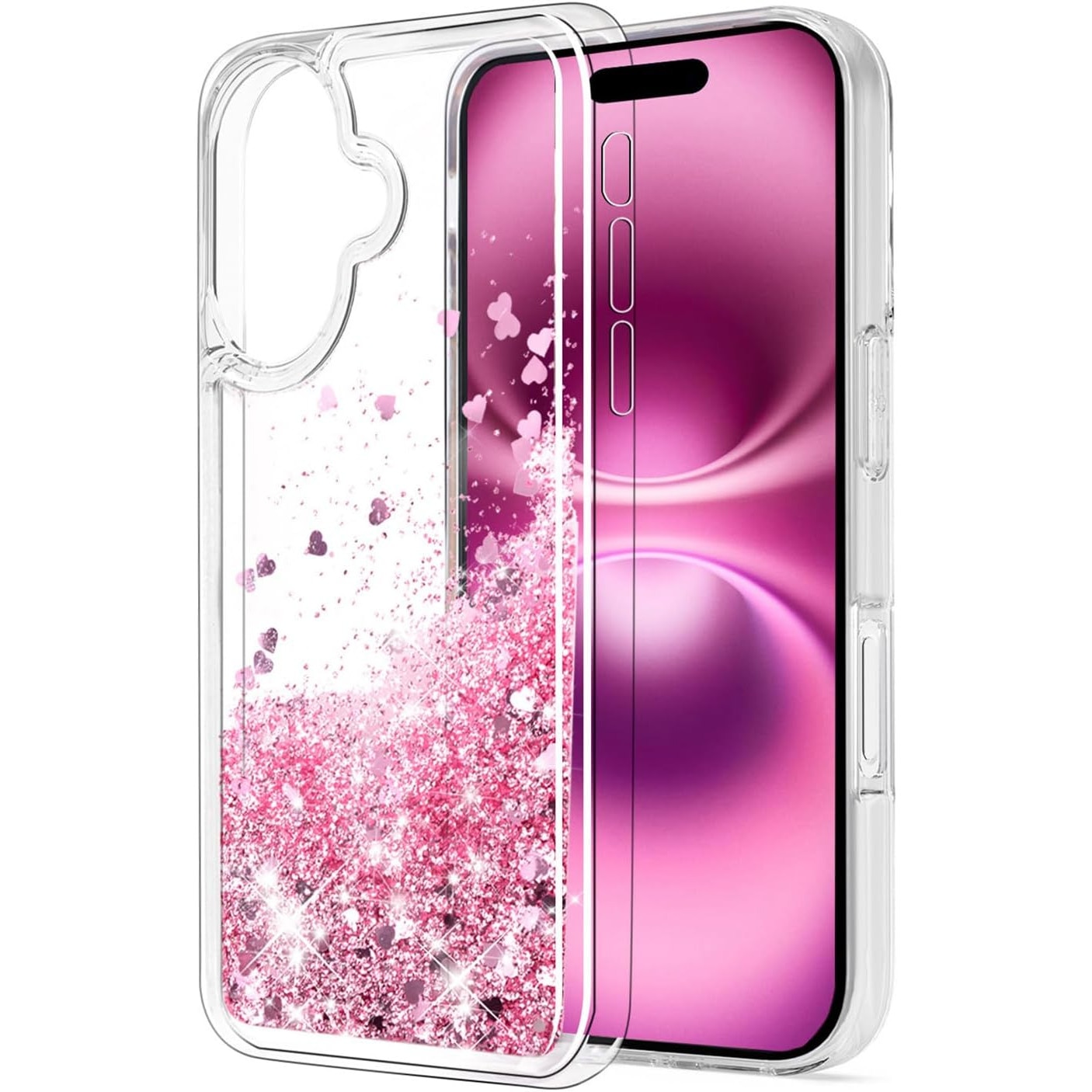 Husa compatibila cu iPhone 16, cu Apa si Sclipici, Glitter, Fashion, protectie camera, Premium Quality, Roz, ISAG