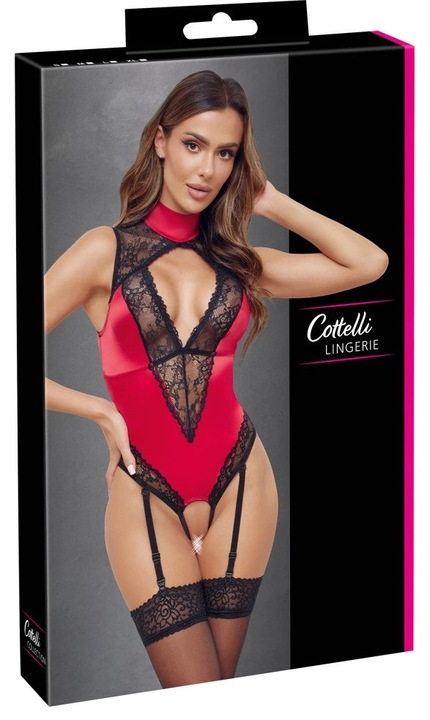 Szexi fehérnemű, Cottelli, piros body állítható harisnyatartóval, csipke, L INTL