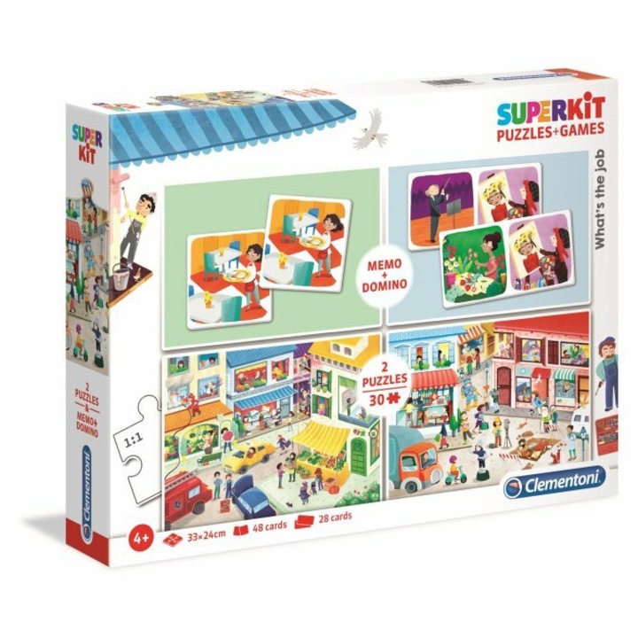 Set puzzle 48 elemente memo, 48 elemente domino, 2 planse 30 elemente, 33x24cm, 4+