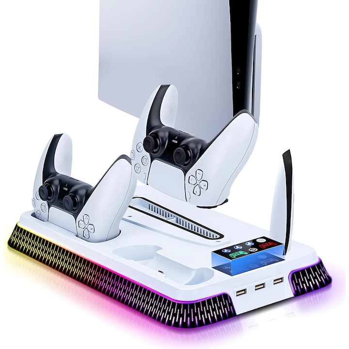 Függőleges állvány hűtő funkcióval (hűtő), PS5 / PS5 Slim / PS5 Pro, RGB világítás, 3 USB port, 4200 RPM ventilátorok, fejhallgató és távirányító tartó, csúszásgátló rendszer, fehér