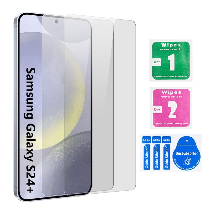 Folie Sticla Securizata pentru Samsung Galaxy S24+ [2 Bucati], Protectie Ecran Anti-Zgarieturi [6.7 Inch], cu Servetele de Unica Folosinta