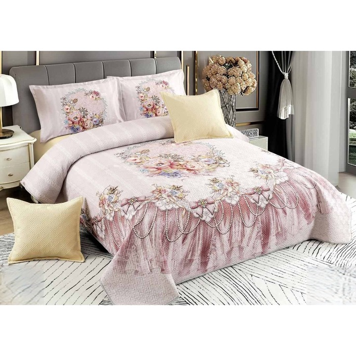Set Cuvertura de pat CHIRASO, din Catifea, 5 Piese, cu 2 Fete Perna 55 x 80 cm si 2 Fete Perna 55 x 55 cm, cu imprimeu flori