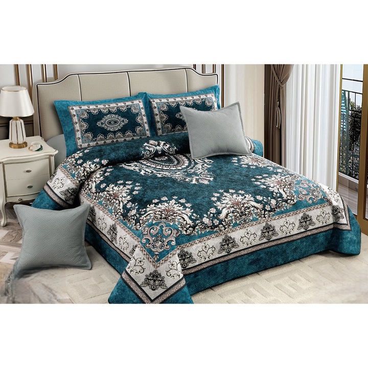 Set lenjerie de pat CHIRASO, din Catifea, 5 Piese, cuvertura 230x250cm, 2 Fete Perna 55x80cm/55x55cm, Multicolor