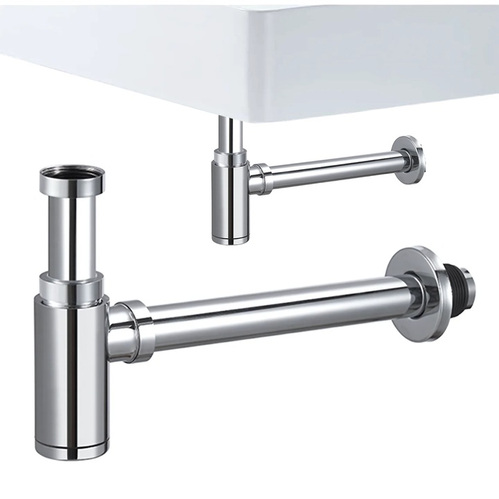 Сифон за мивка от висококачествена неръждаема стомана, против миризми, подвижен капак, регулируема височина, универсална съвместимост G1 1/4, дължина 300 мм, Ø40 мм, тегло 580 г, BiXXBi, матово сребрист