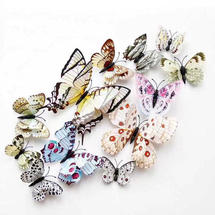 Fluturi 3D cu magnet, dubli, decoratiuni casa sau evenimente, set 12 bucati, Alb, Obiecte decorative