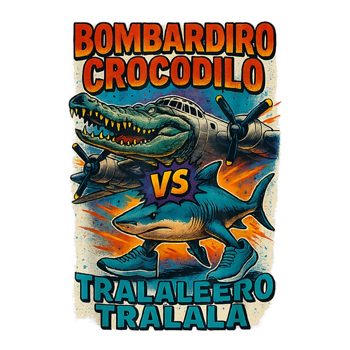 Sticker Tralalero Tralala Bombardiro Crocodilo VS - Italian Brainrot 1, Autoadeziv, Cri-Flo, dimensiune 6 cm
